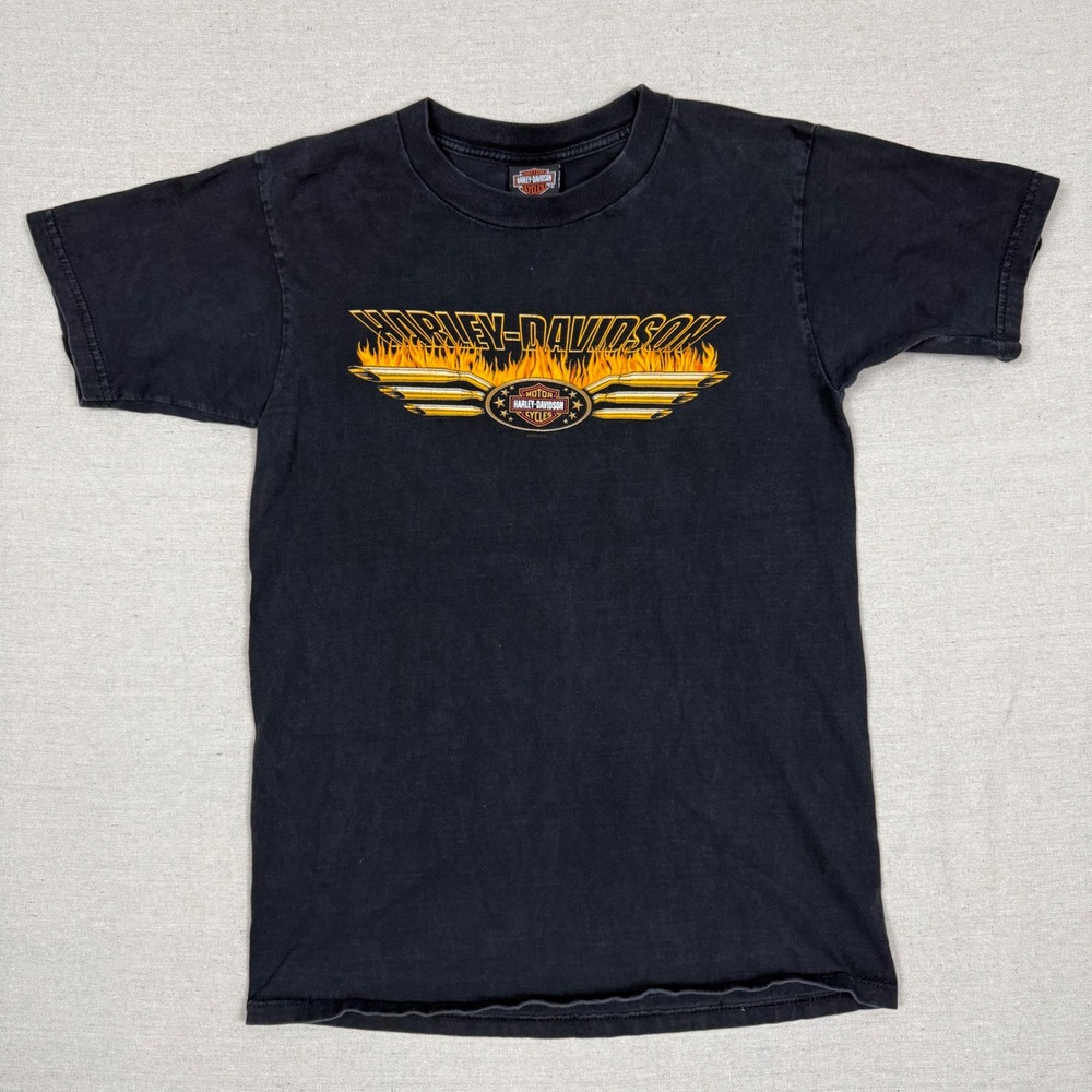 Vintage 2003 Harley Davidson Shirt Medium 19x27.5 Flame Graphic Black Biker Tee